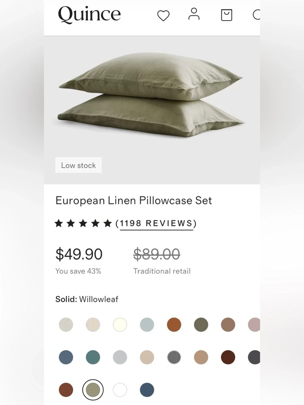 Quince European Linen Pillowcase Set, King (Willowleaf)